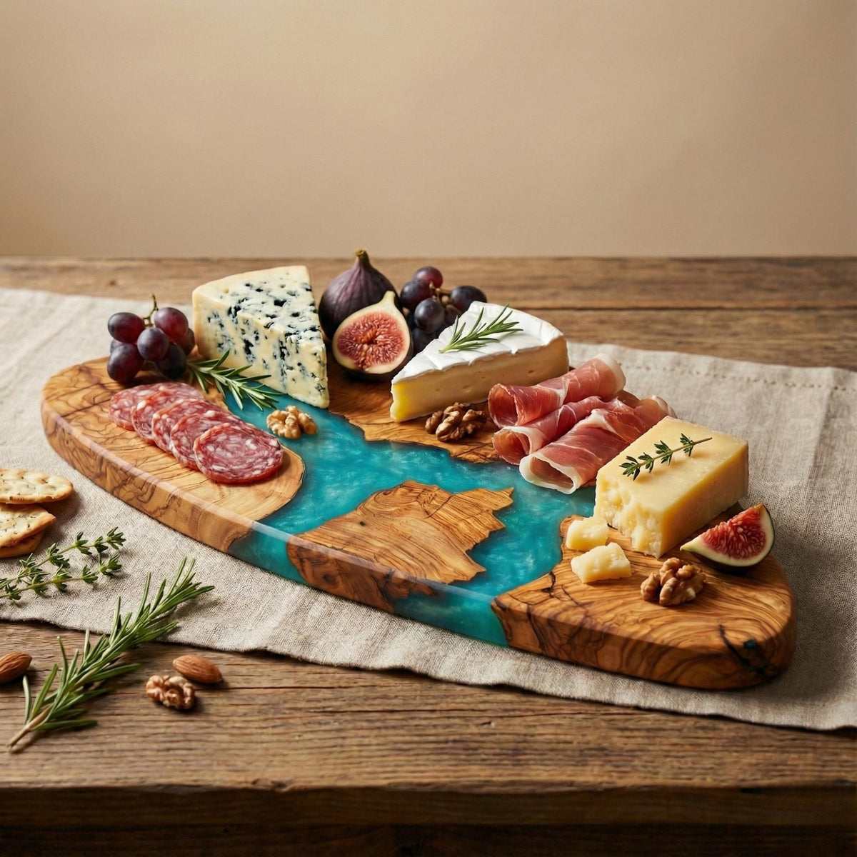 Turquoise Epoxy Olive Wood Charcuterie Board, Handmade Cheese Board, Grazing Platter