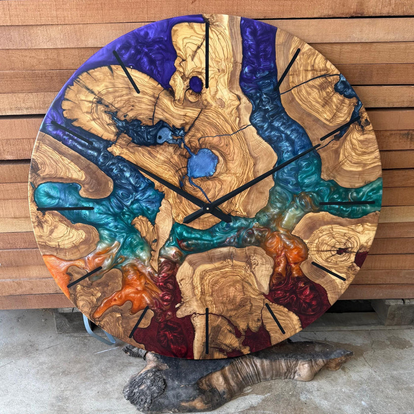 Chakra Inspired Epoxy & Olive Wood Wall Clock | Handmade Colorful Resin Art | Spiritual Home Decor