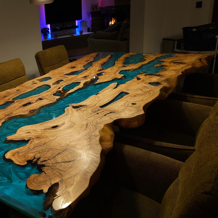 Personalized Epoxy Dining Table, Live Edge Resin Table: Modern Solid Olive Wood Furniture