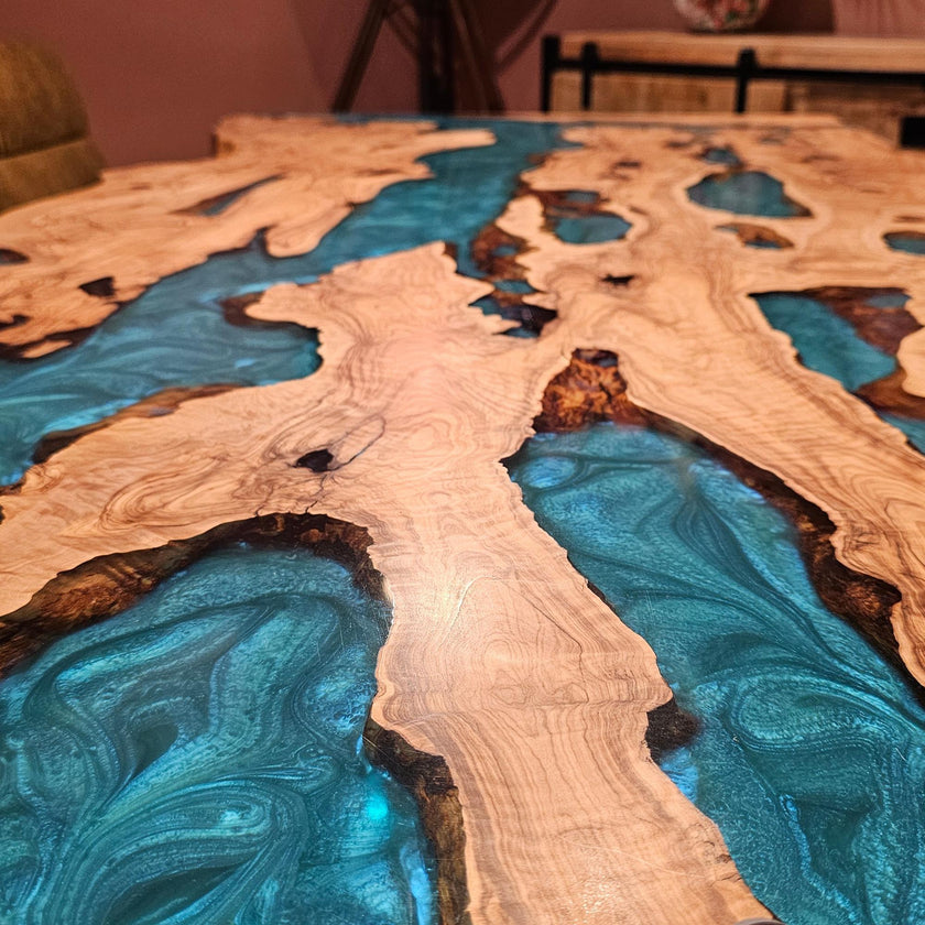 Personalized Epoxy Dining Table, Live Edge Resin Table: Modern Solid Olive Wood Furniture