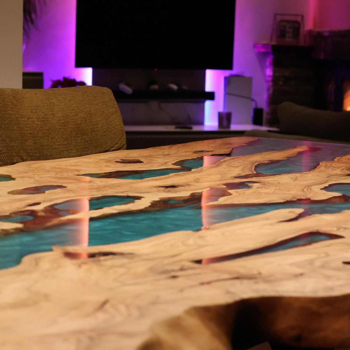 Personalized Epoxy Dining Table, Live Edge Resin Table: Modern Solid Olive Wood Furniture