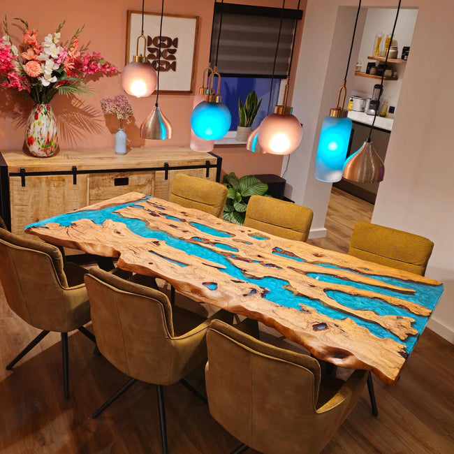 Personalized Epoxy Dining Table, Live Edge Resin Table: Modern Solid Olive Wood Furniture