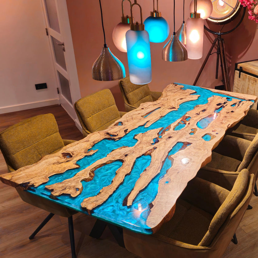 Personalized Epoxy Dining Table, Live Edge Resin Table: Modern Solid Olive Wood Furniture