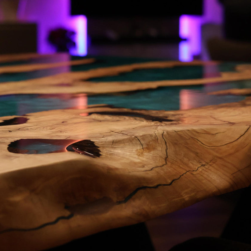 Personalized Epoxy Dining Table, Live Edge Resin Table: Modern Solid Olive Wood Furniture