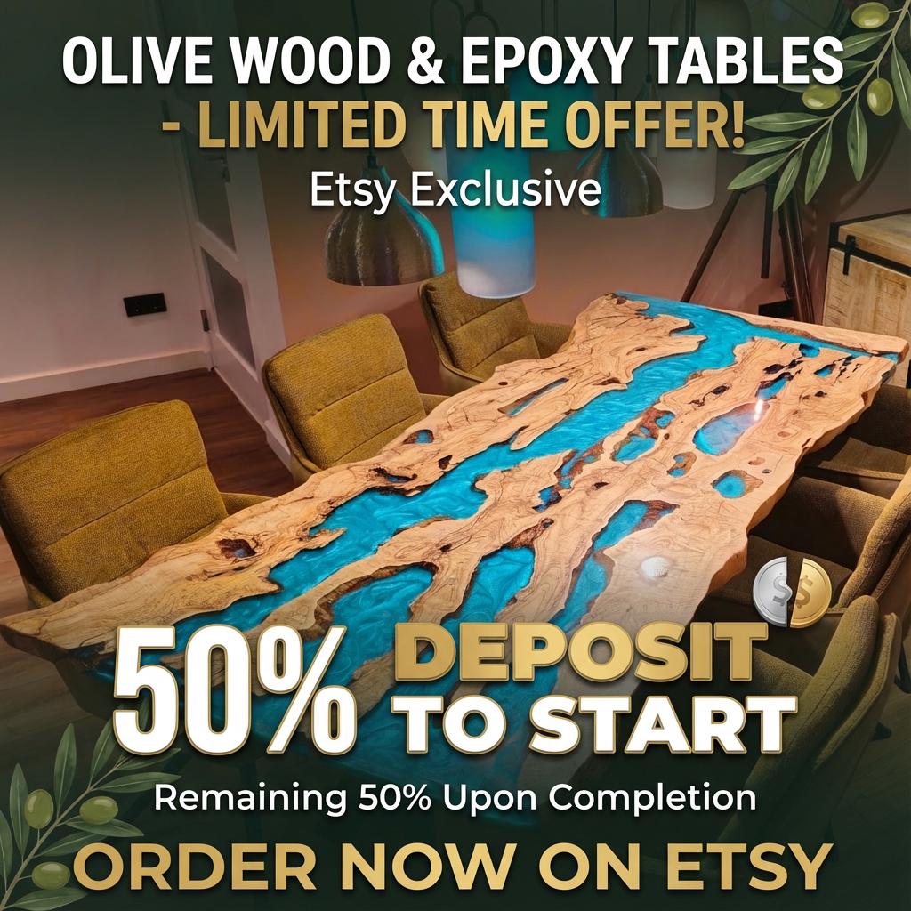 Personalized Epoxy Dining Table, Live Edge Resin Table: Modern Solid Olive Wood Furniture