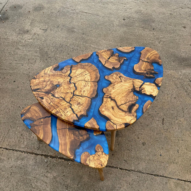 Handmade Olive Wood Epoxy Resin Coffee Tables Set of 2 - Modern Living Room Furniture