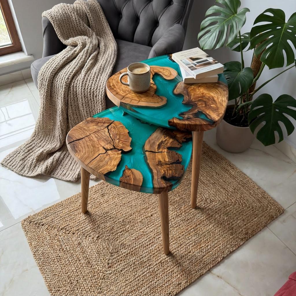 Handmade Olive Wood Epoxy Resin Nesting Tables – Luxury Side Tables for Modern Living Room