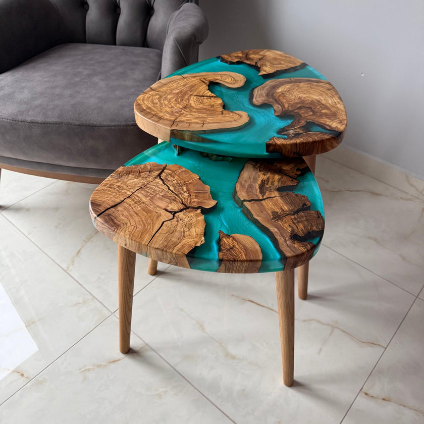 Handmade Olive Wood Epoxy Resin Nesting Tables – Luxury Side Tables for Modern Living Room