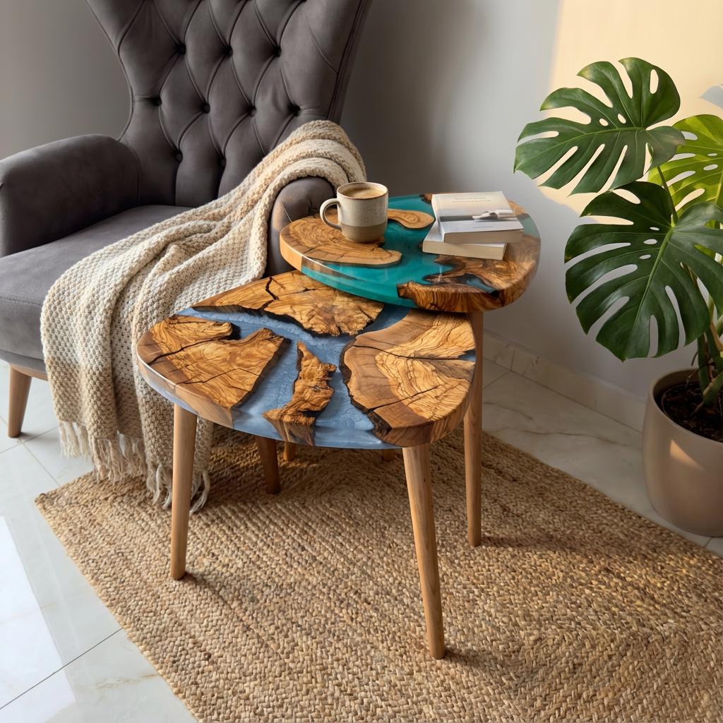 Handmade Olive Wood Epoxy Resin Nesting Tables – Luxury Side Tables for Modern Living Room