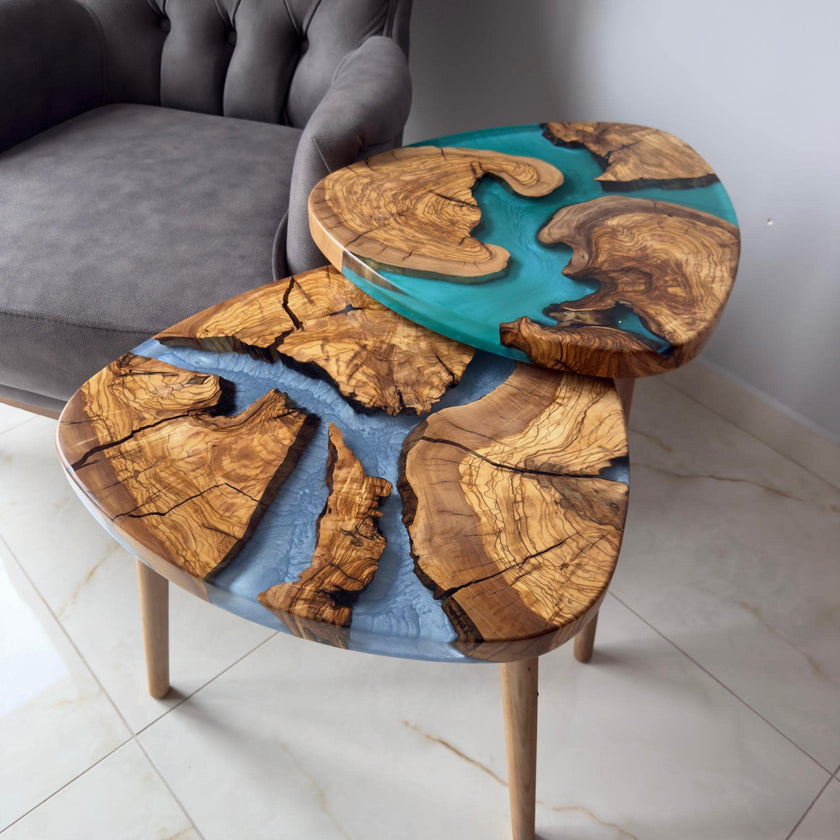 Handmade Olive Wood Epoxy Resin Nesting Tables – Luxury Side Tables for Modern Living Room