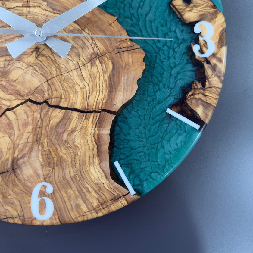 Olive Wood Epoxy Resin Wall Clock – Rustic Handmade Wooden Clock