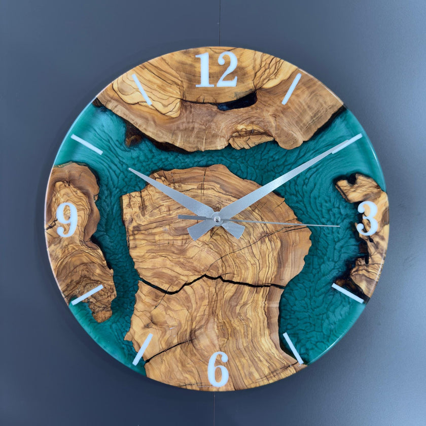 Handmade Olive Wood Epoxy Resin Wall Clock – Modern Luxury Wooden Clock
