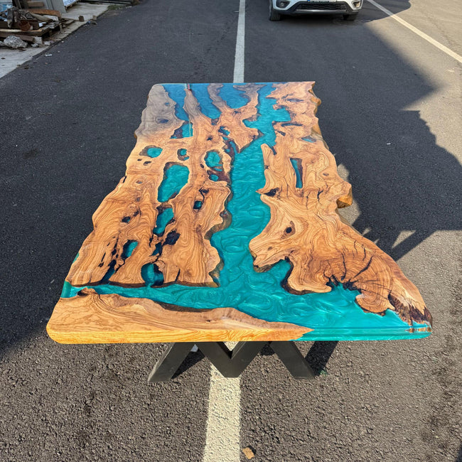 Live Edge Olive Wood Epoxy Resin Table – One of a Kind Handmade Luxury Wood Table