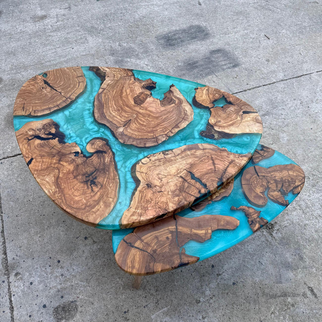 Handmade Olive Wood Epoxy Resin Coffee Tables Set of 2 - Modern Living Room Furniture