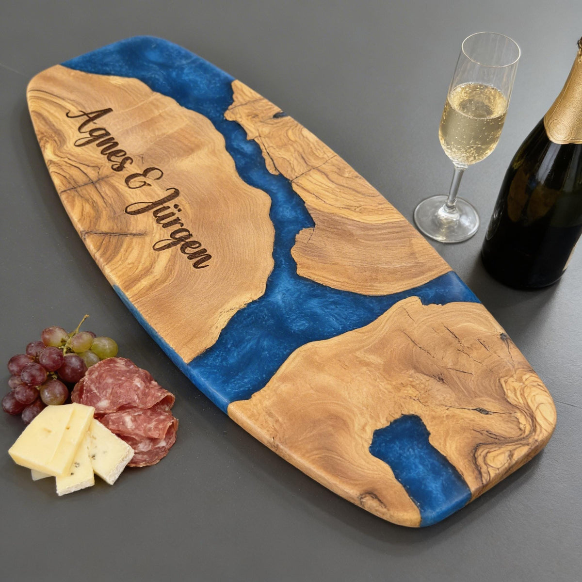 Olive Wood Charcuterie Board with Epoxy Resin – Handmade Serving Board – Cheese Platter