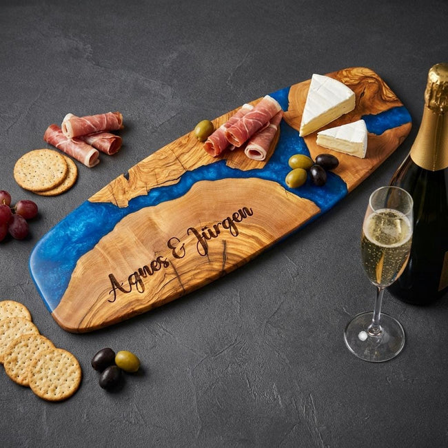 Olive Wood Charcuterie Board with Epoxy Resin – Handmade Serving Board – Cheese Platter