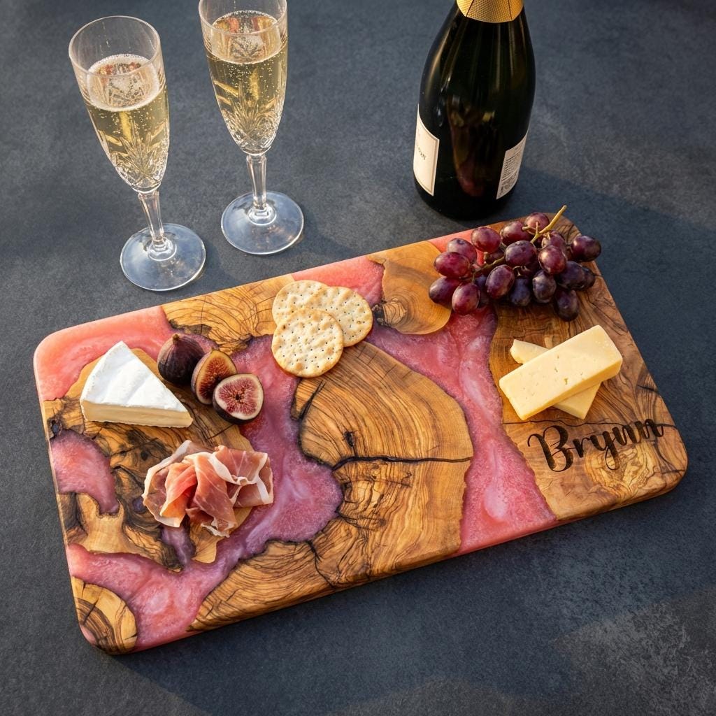 Personalized Olive Wood Epoxy Charcuterie Board – Handmade Resin Serving Board