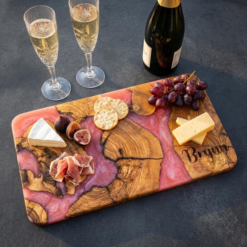 Personalized Olive Wood Epoxy Charcuterie Board – Handmade Resin Serving Board