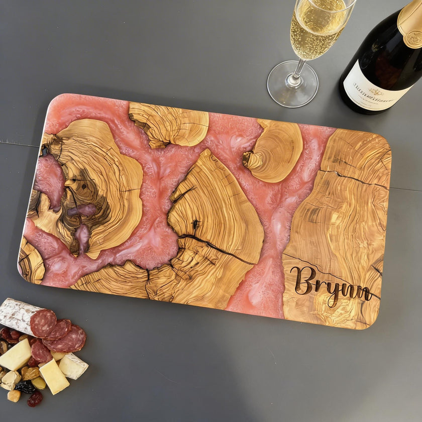 Personalized Olive Wood Epoxy Charcuterie Board – Handmade Resin Serving Board