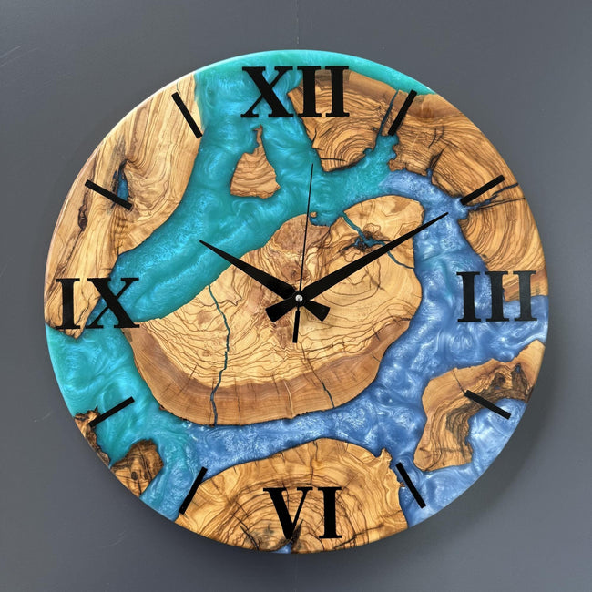 Personalized Olive Wood Epoxy Wall Clock – Handmade Live Edge Resin Clock