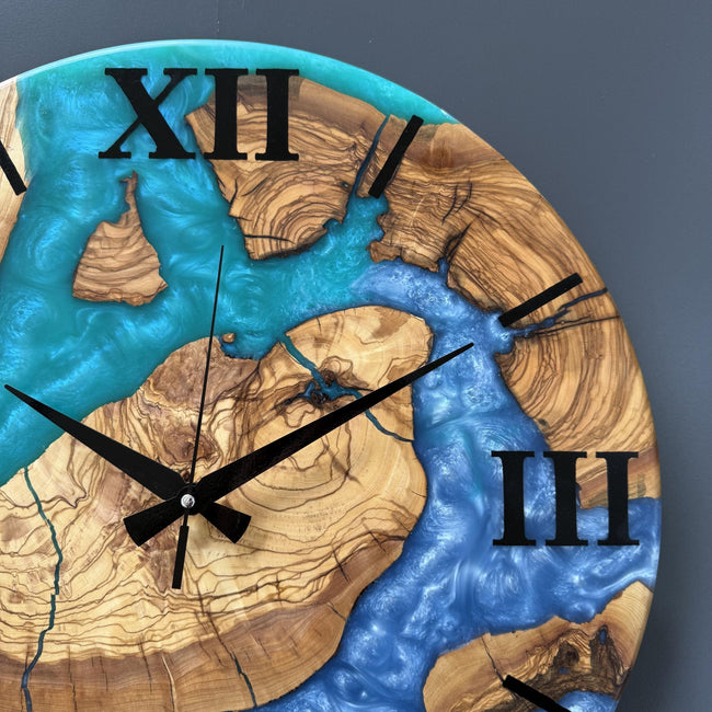 Personalized Olive Wood Epoxy Wall Clock – Handmade Live Edge Resin Clock