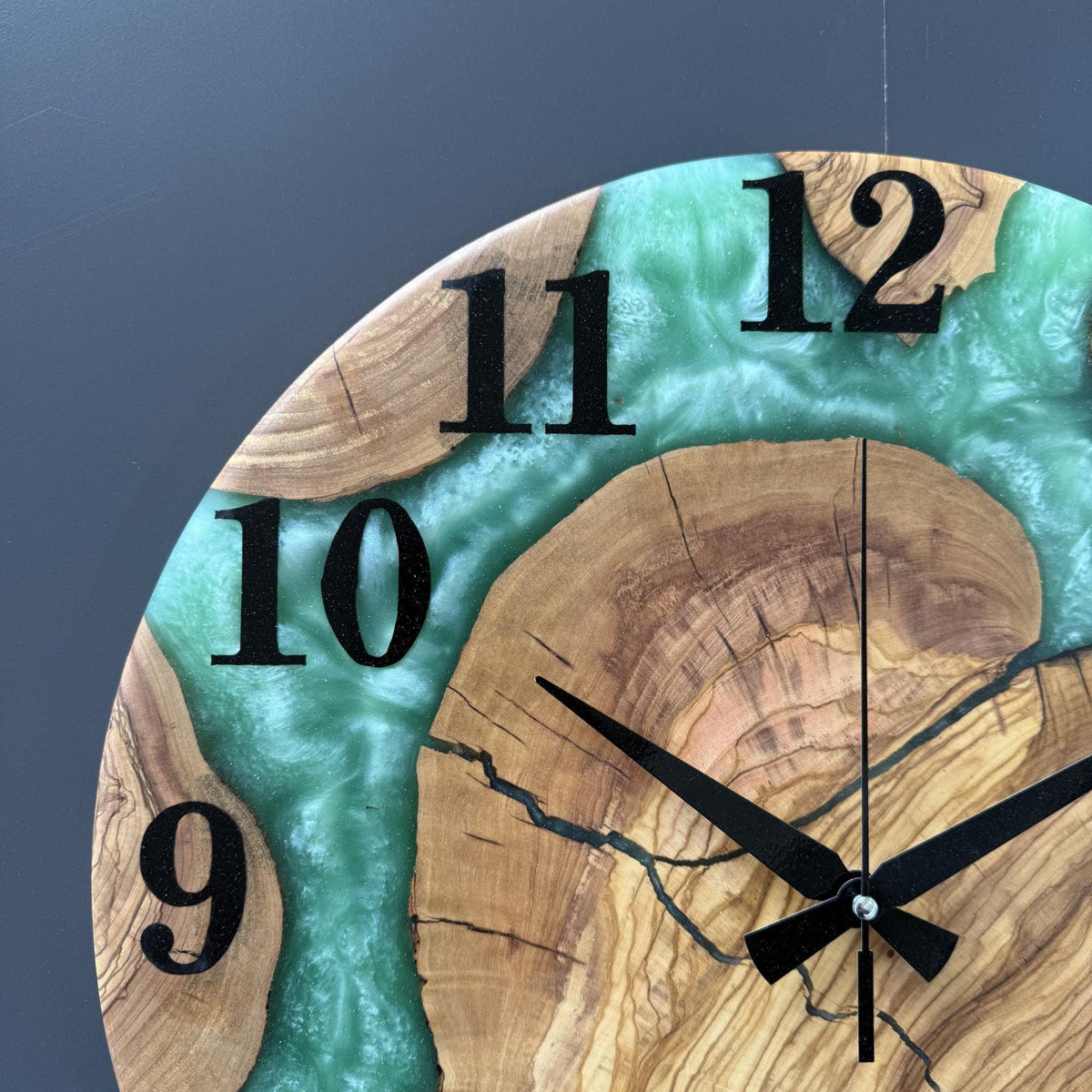 Large Wooden Epoxy Wall Clock – Handmade Olive Wood Resin Clock, Unique Housewarming Gift