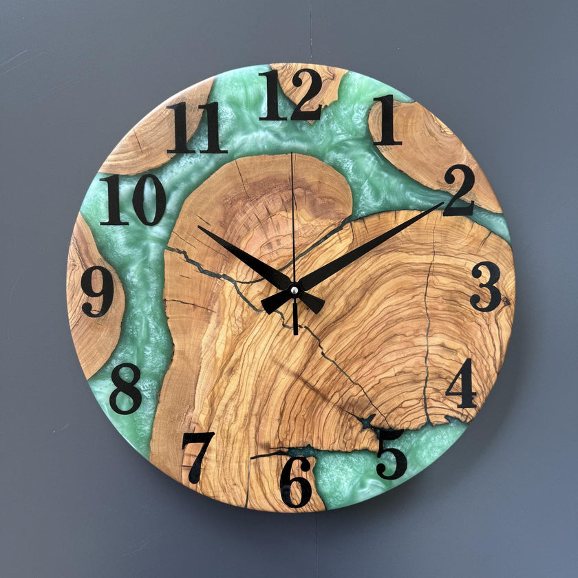 Large Wooden Epoxy Wall Clock – Handmade Olive Wood Resin Clock, Unique Housewarming Gift