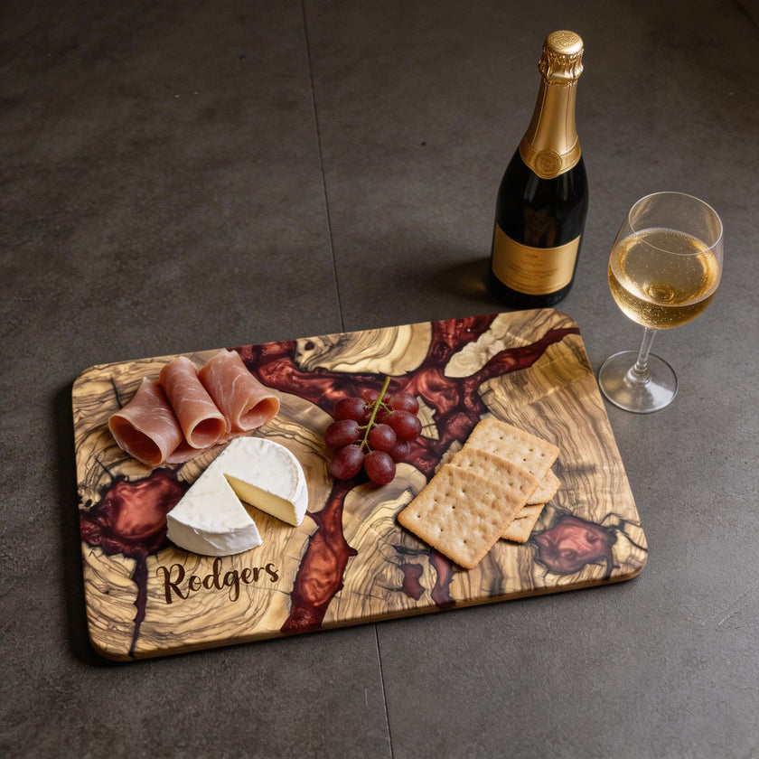 Personalized Olive Wood Epoxy Charcuterie Board – Handmade Resin Serving Board