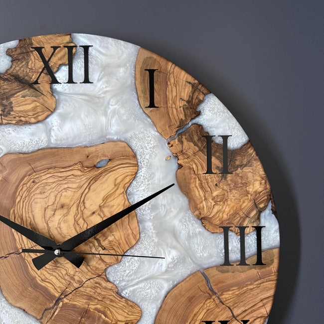 Personalized Olive Wood Epoxy Wall Clock – Handmade Resin Wood Clock, Unique Rustic Art Clock, Luxury Housewarming Gift