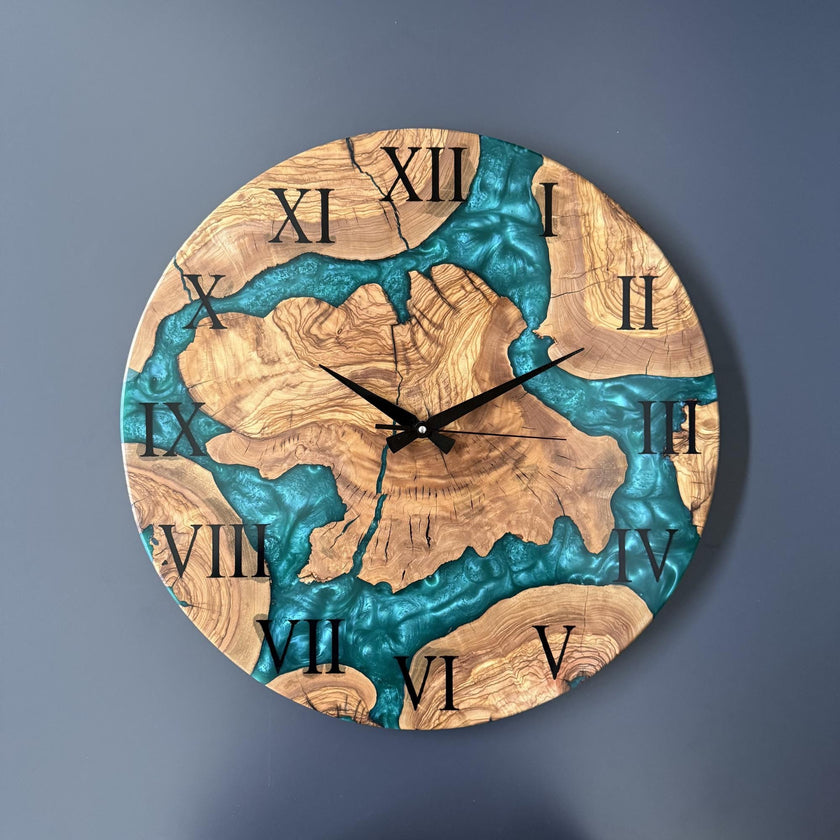 Minimalist Olive Wood Epoxy Wall Clock – Modern Resin Wood Clock, Aesthetic Wall Decor