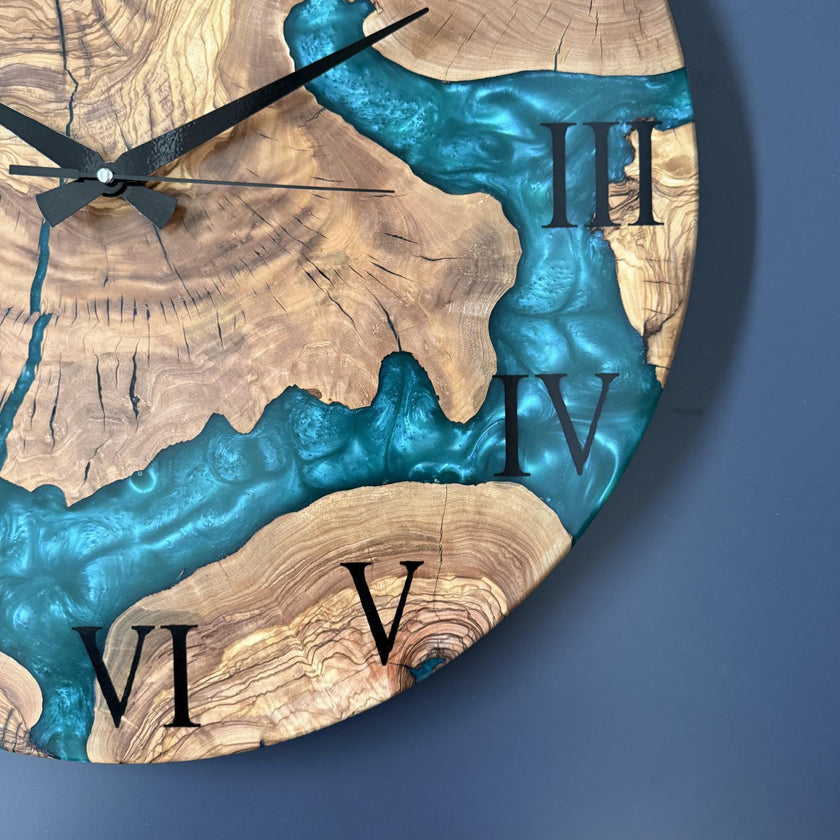 Minimalist Olive Wood Epoxy Wall Clock – Modern Resin Wood Clock, Aesthetic Wall Decor