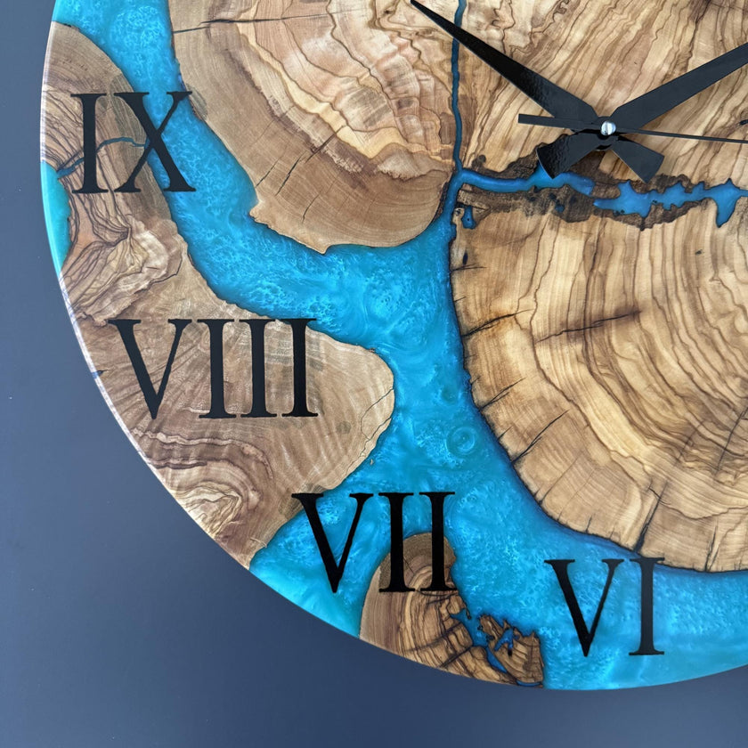 Large Epoxy Resin Olive Wood Wall Clock – Statement Wooden Wall Art, Handmade Unique Clock