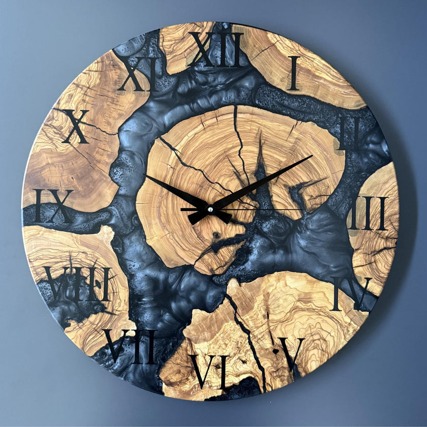 Custom Olive Wood Epoxy Wall Clock – Personalized Resin Wood Clock, Made to Order Any Size & Color