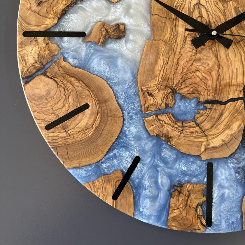 Unique Olive Wood Epoxy Wall Clock – Handmade Resin Wood Clock, Meaningful Housewarming Gift
