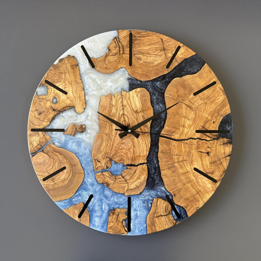 Unique Olive Wood Epoxy Wall Clock – Handmade Resin Wood Clock, Meaningful Housewarming Gift