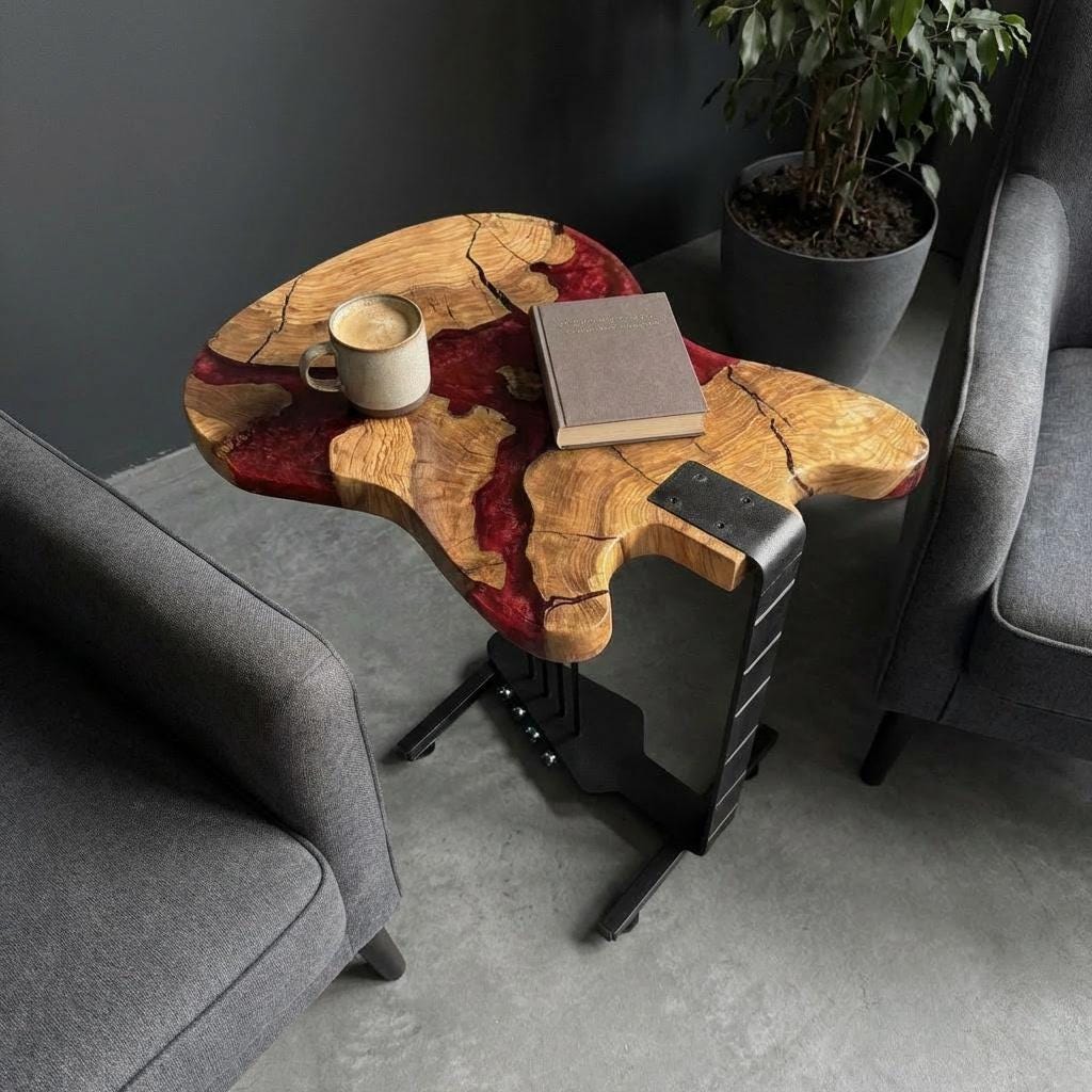 Epoxy Resin Guitar Table | Live Edge Olive Wood Side Table | Music Decor for Home Studio