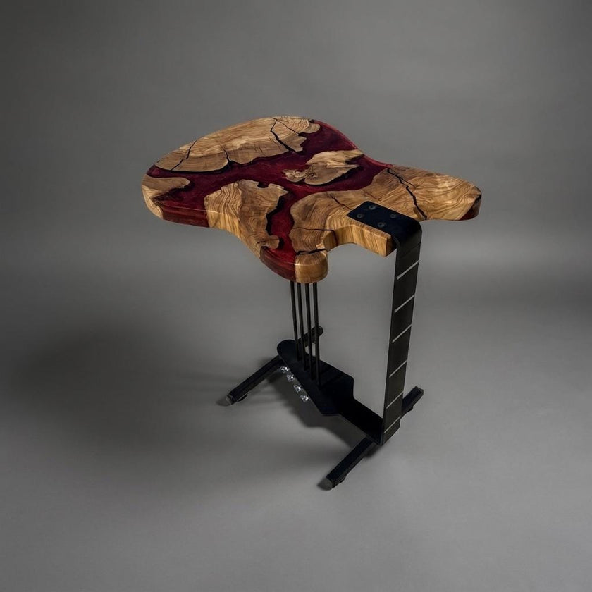Unique Guitar Shaped Side Table | Epoxy Resin River End Table with Olive Wood | Musician Gift