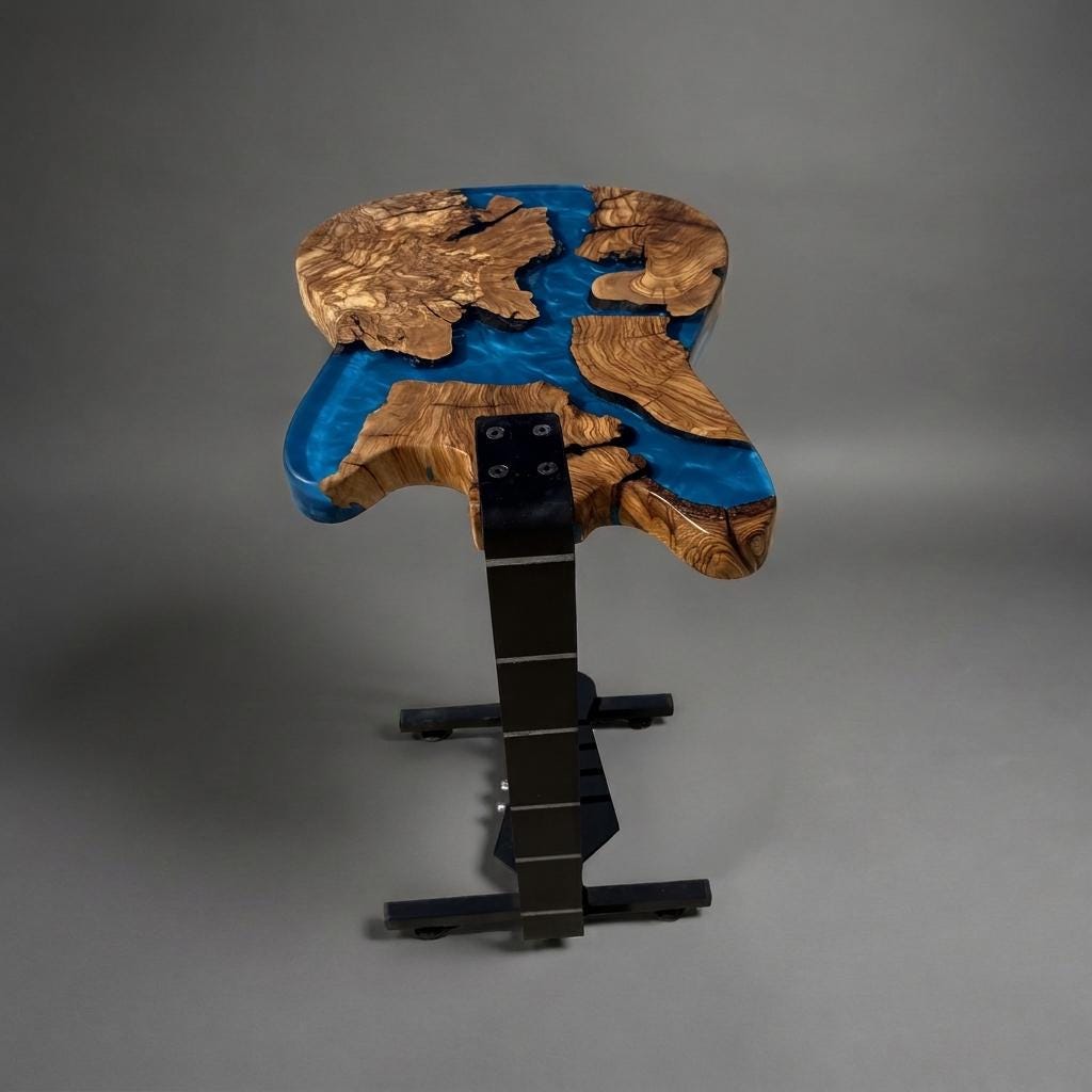 Epoxy Resin Guitar Table | Live Edge Olive Wood Side Table | Music Decor for Home Studio