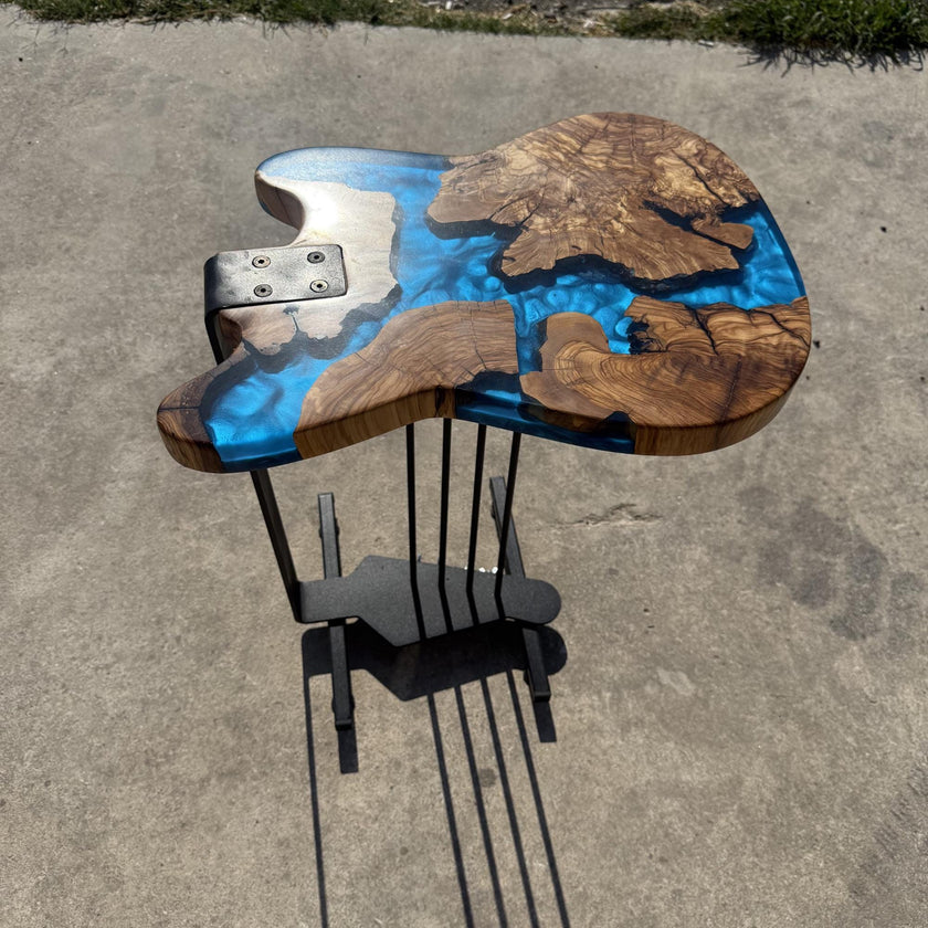 Epoxy Resin Guitar Table | Live Edge Olive Wood Side Table | Music Decor for Home Studio