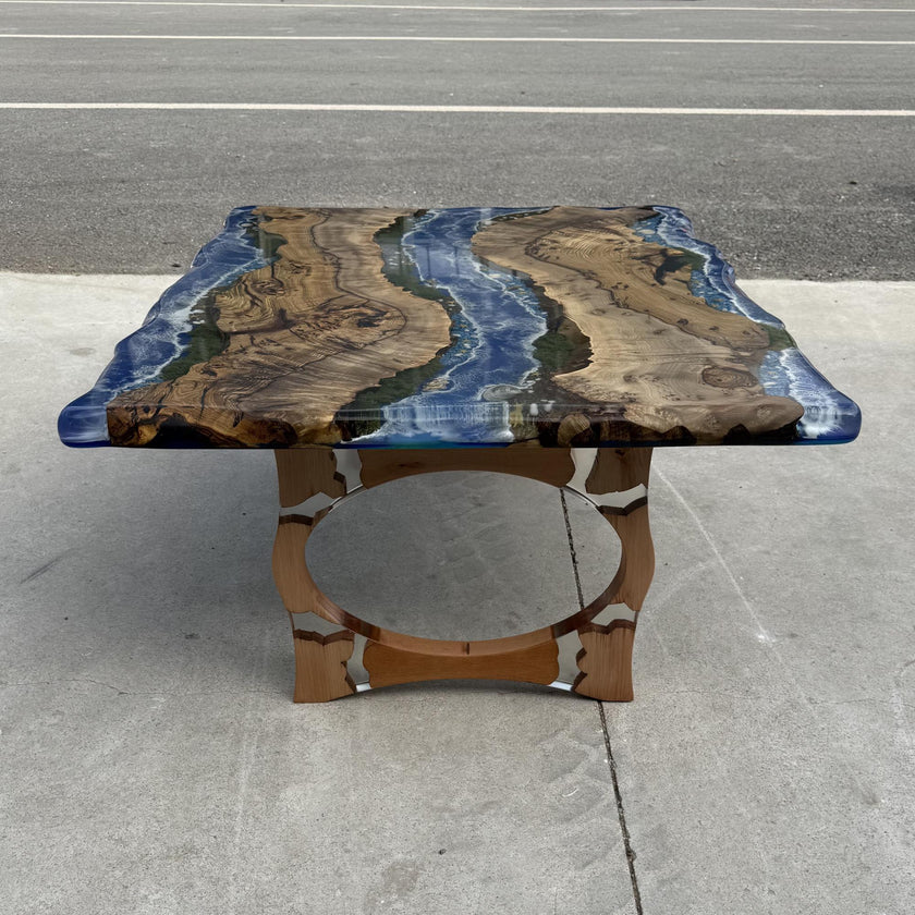 Ocean Wave Epoxy Resin Coffe Table | Olive Wood Coastal Table with Real Seashells & Moss | Functional Art Beach Decor