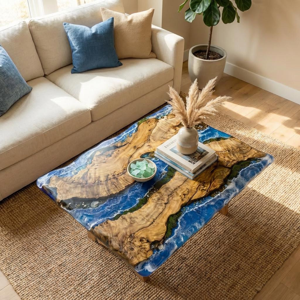Ocean Wave Epoxy Resin Coffe Table | Olive Wood Coastal Table with Real Seashells & Moss | Functional Art Beach Decor