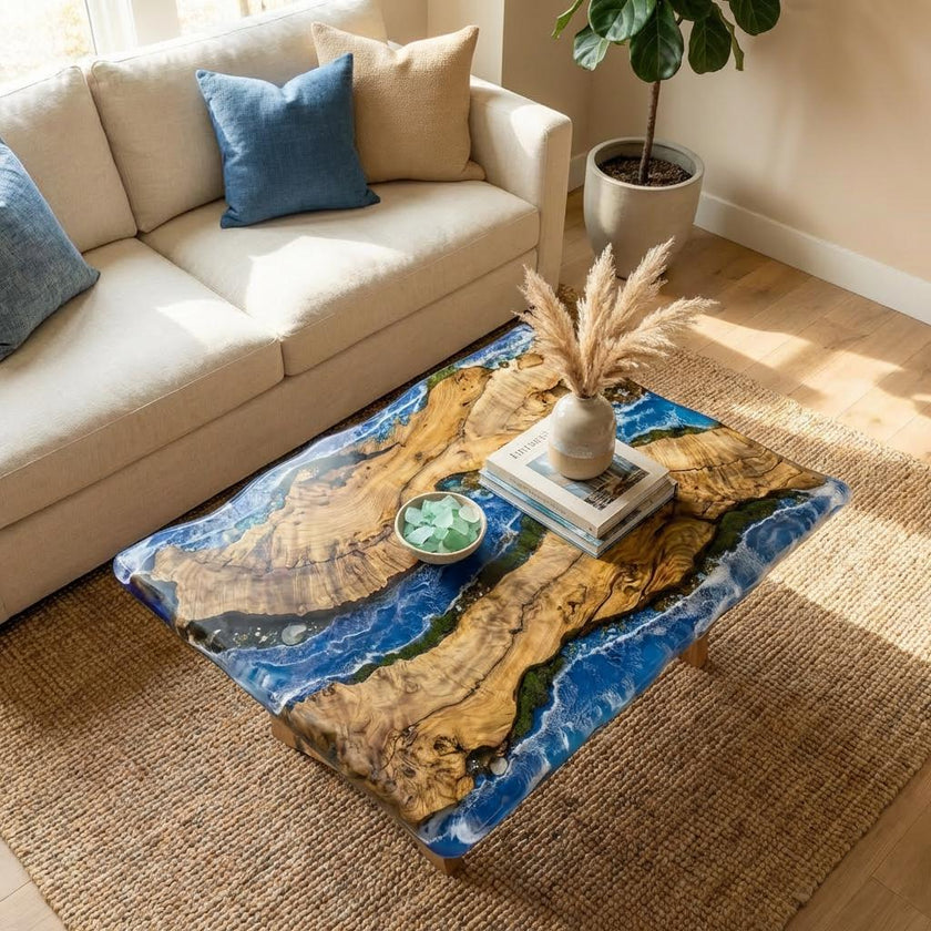 Ocean Wave Epoxy Resin Coffe Table | Olive Wood Coastal Table with Real Seashells & Moss | Functional Art Beach Decor