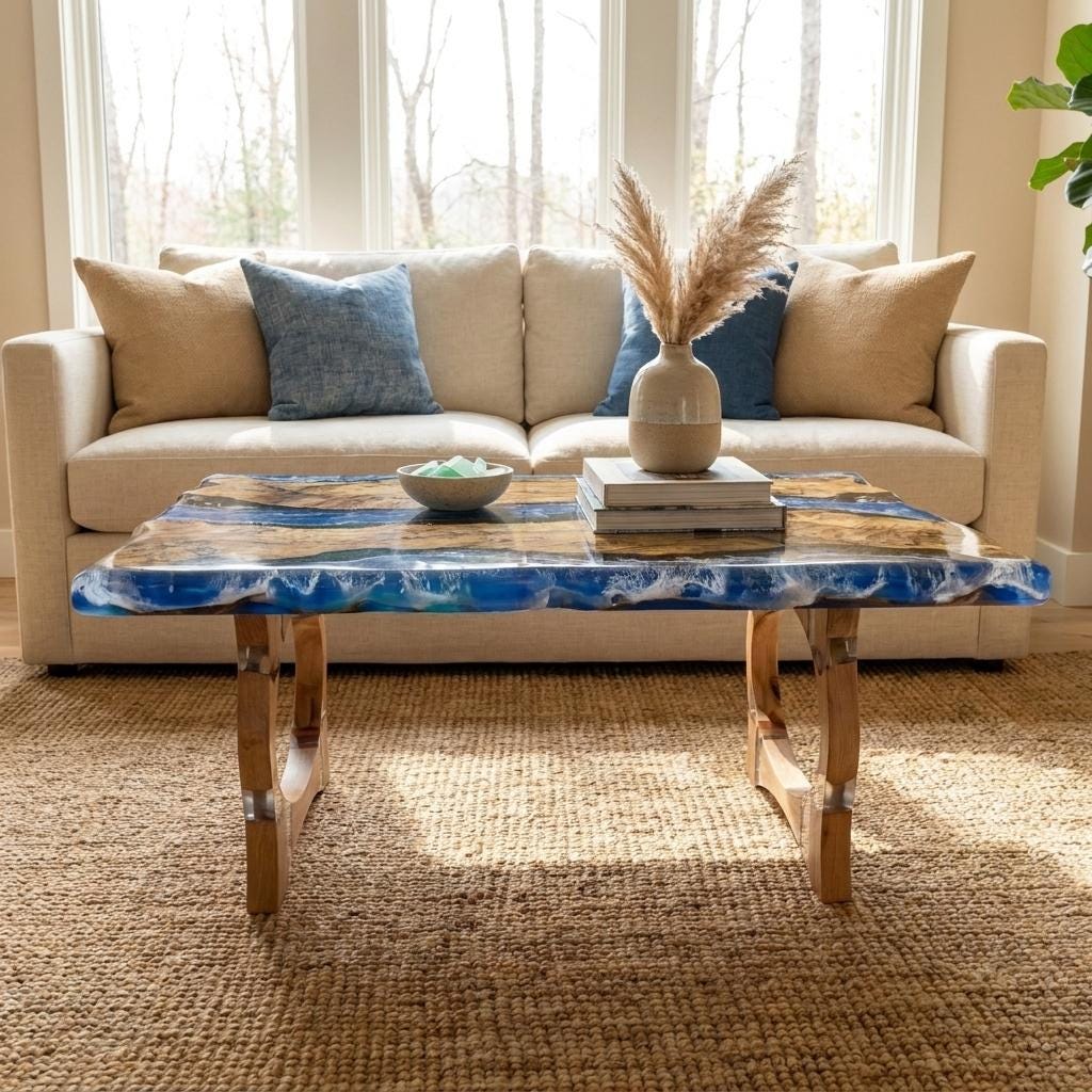 Ocean Wave Epoxy Resin Coffe Table | Olive Wood Coastal Table with Real Seashells & Moss | Functional Art Beach Decor