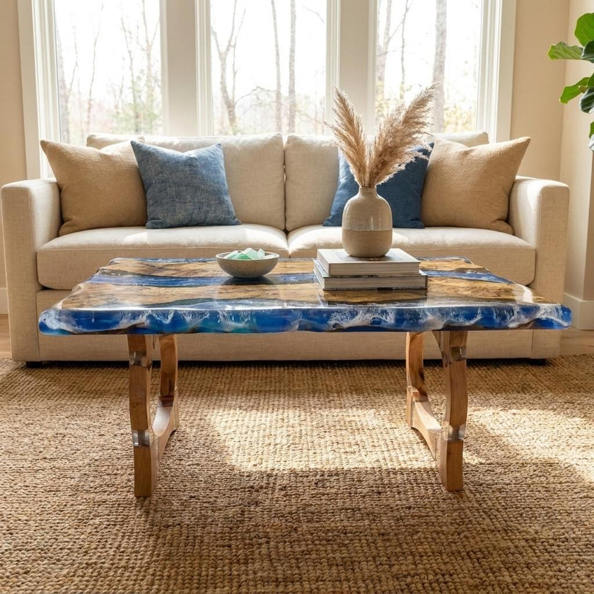 Ocean Wave Epoxy Resin Coffe Table | Olive Wood Coastal Table with Real Seashells & Moss | Functional Art Beach Decor