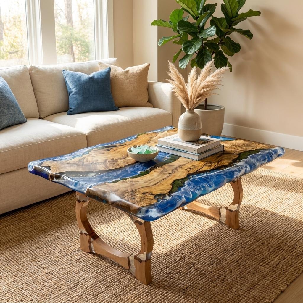 Ocean Wave Epoxy Resin Coffe Table | Olive Wood Coastal Table with Real Seashells & Moss | Functional Art Beach Decor