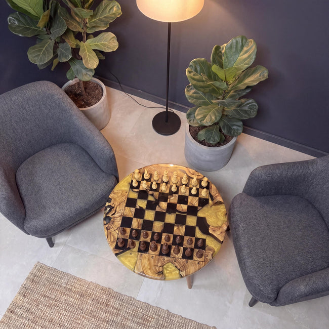 Epoxy Olive Wood Chess Table, Handmade Resin Chess Coffee Table, Luxury Wooden Chess Board Table