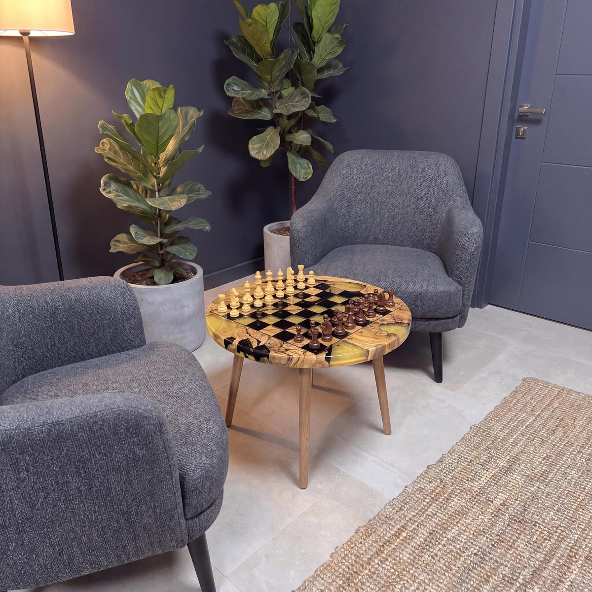 Epoxy Olive Wood Chess Table, Handmade Resin Chess Coffee Table, Luxury Wooden Chess Board Table