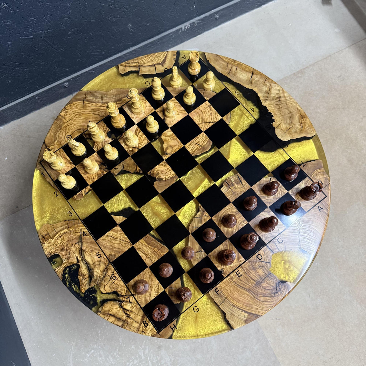 Epoxy Olive Wood Chess Table, Handmade Resin Chess Coffee Table, Luxury Wooden Chess Board Table