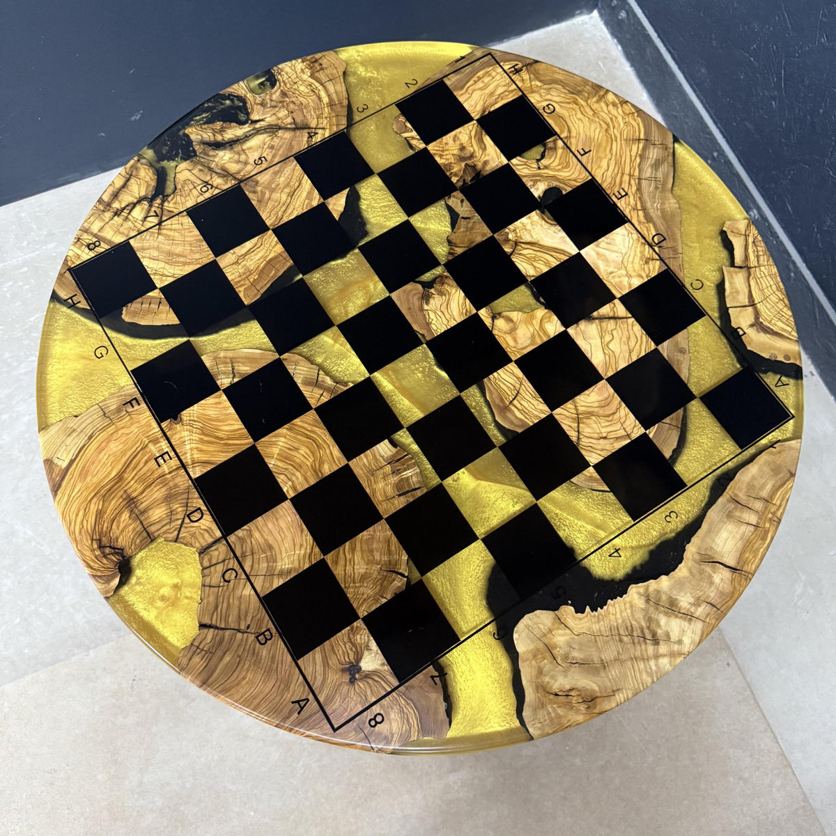 Epoxy Olive Wood Chess Table, Handmade Resin Chess Coffee Table, Luxury Wooden Chess Board Table