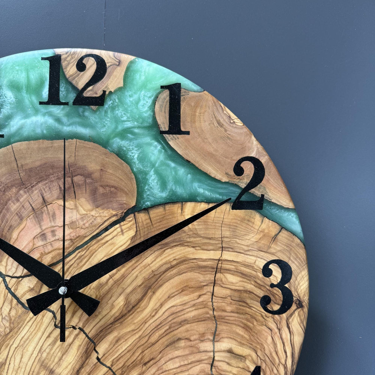 Large Wooden Epoxy Wall Clock – Handmade Olive Wood Resin Clock, Unique Housewarming Gift